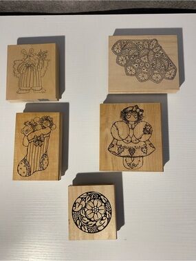 Vintage DOTS Rubber Stamps Lot of 5 Wood Mounted Christmas Stocking Bunny Doll